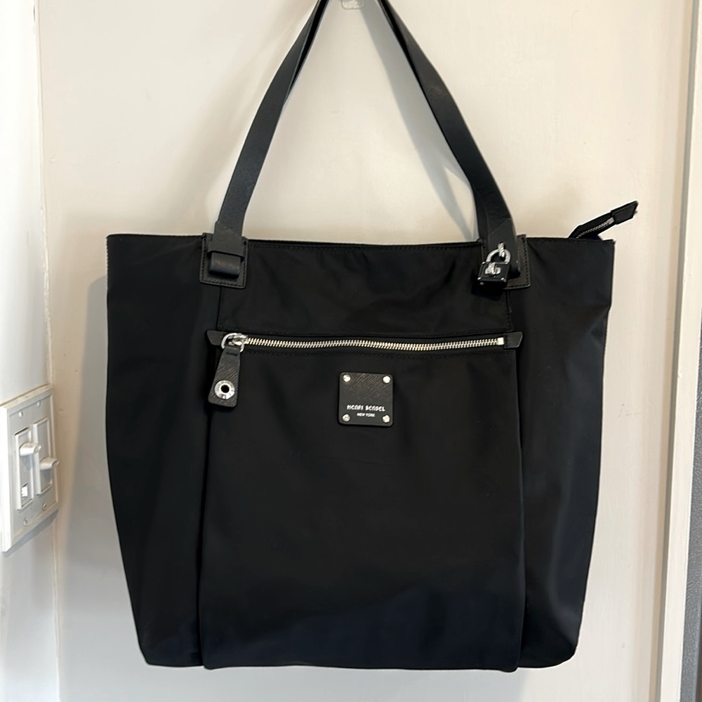 Henri Bendel Black Nylon/Staffiano Leather Tote Bag with Brand Story Card